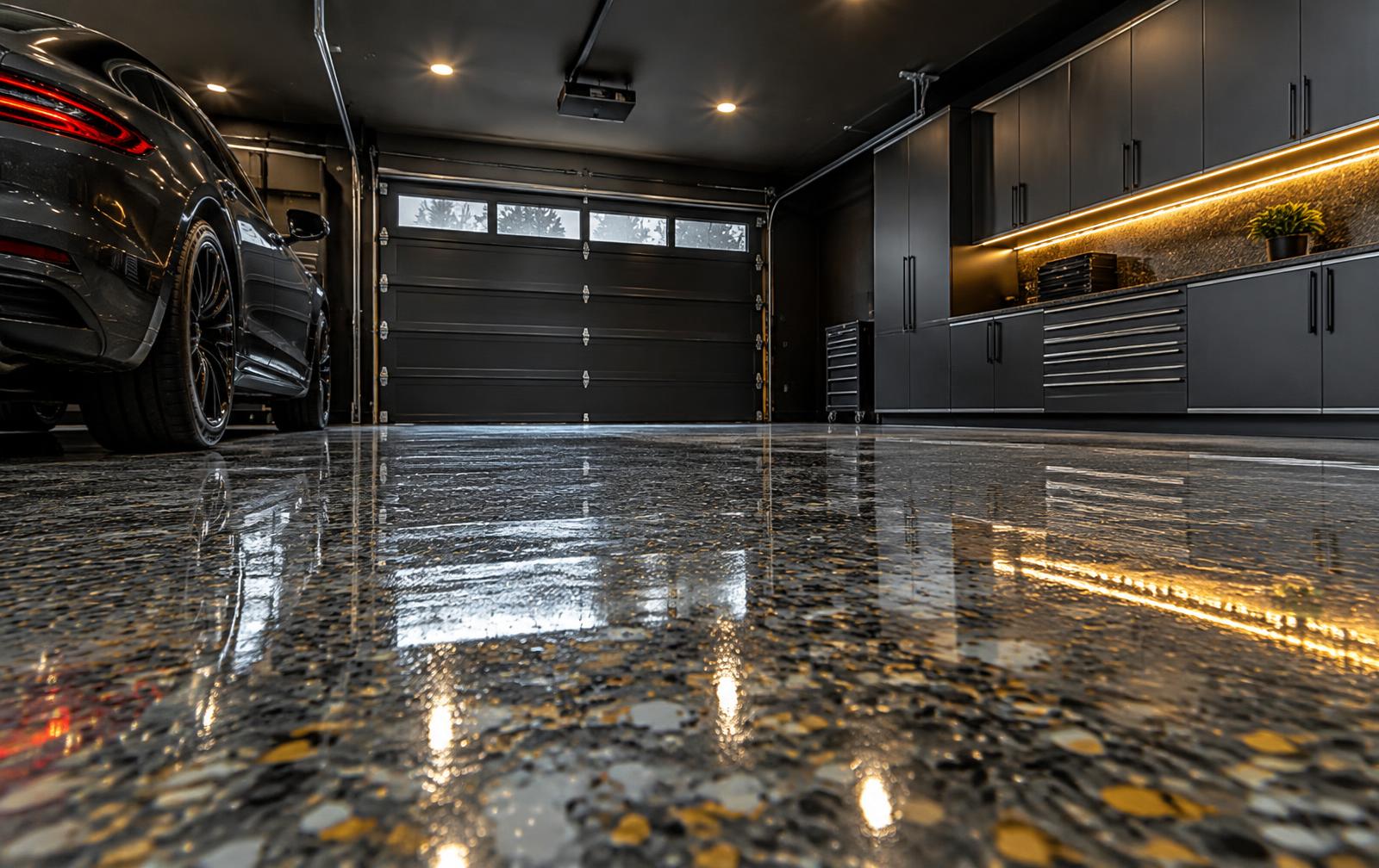 Freshly coated flake epoxy garage floor